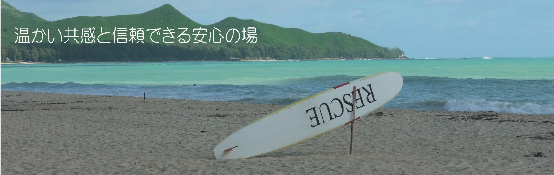 海辺の写真　中央にサーフィンの板　板にはRESCUEの文字　右下には、温かい共感と信頼できる安心のカウンセリングルームの文字